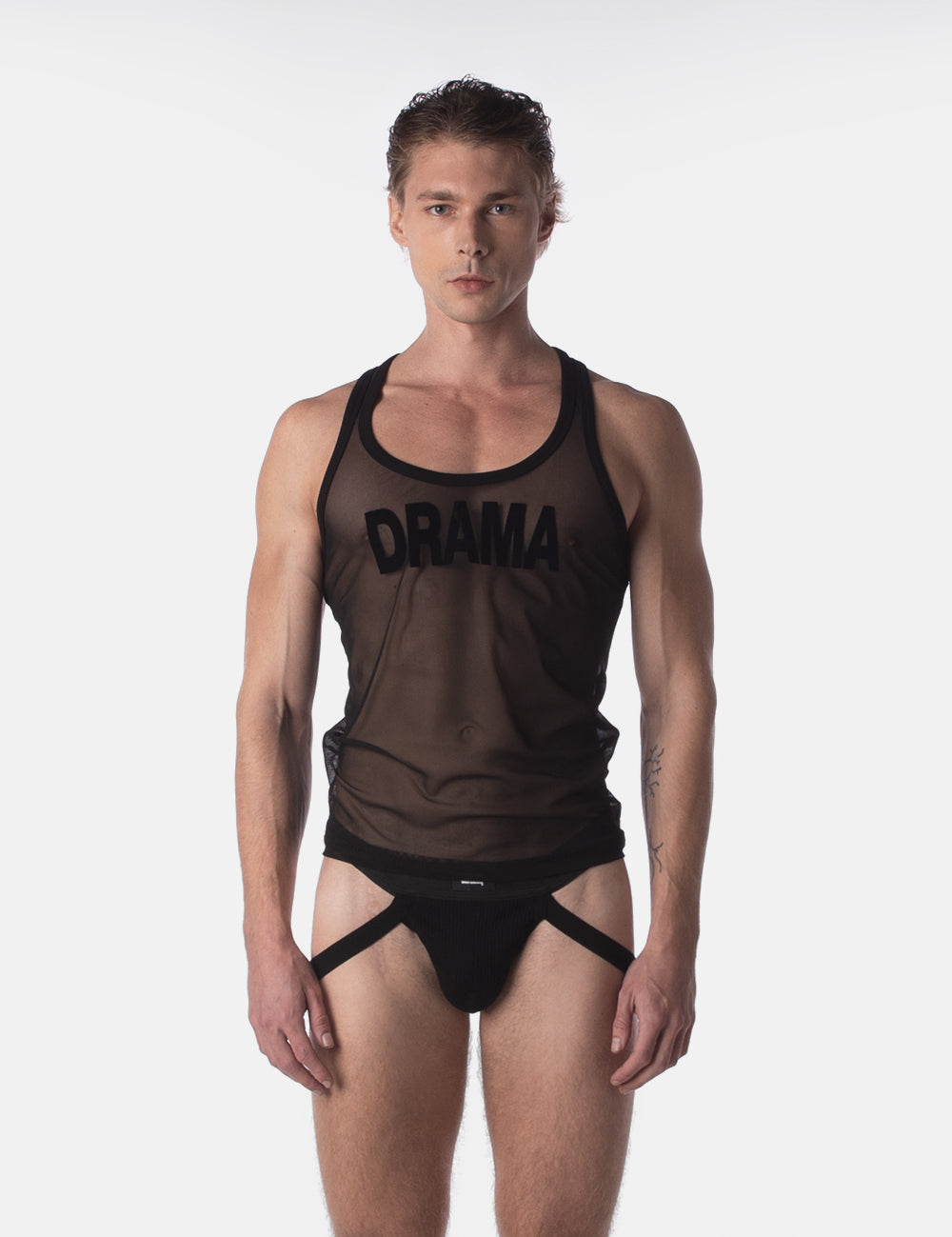 Barcode Berlin Mesh Drama Tank Top. Made in Portugal. Party wear. gay man underwear party. Fetish wear. Black Gym workout gear