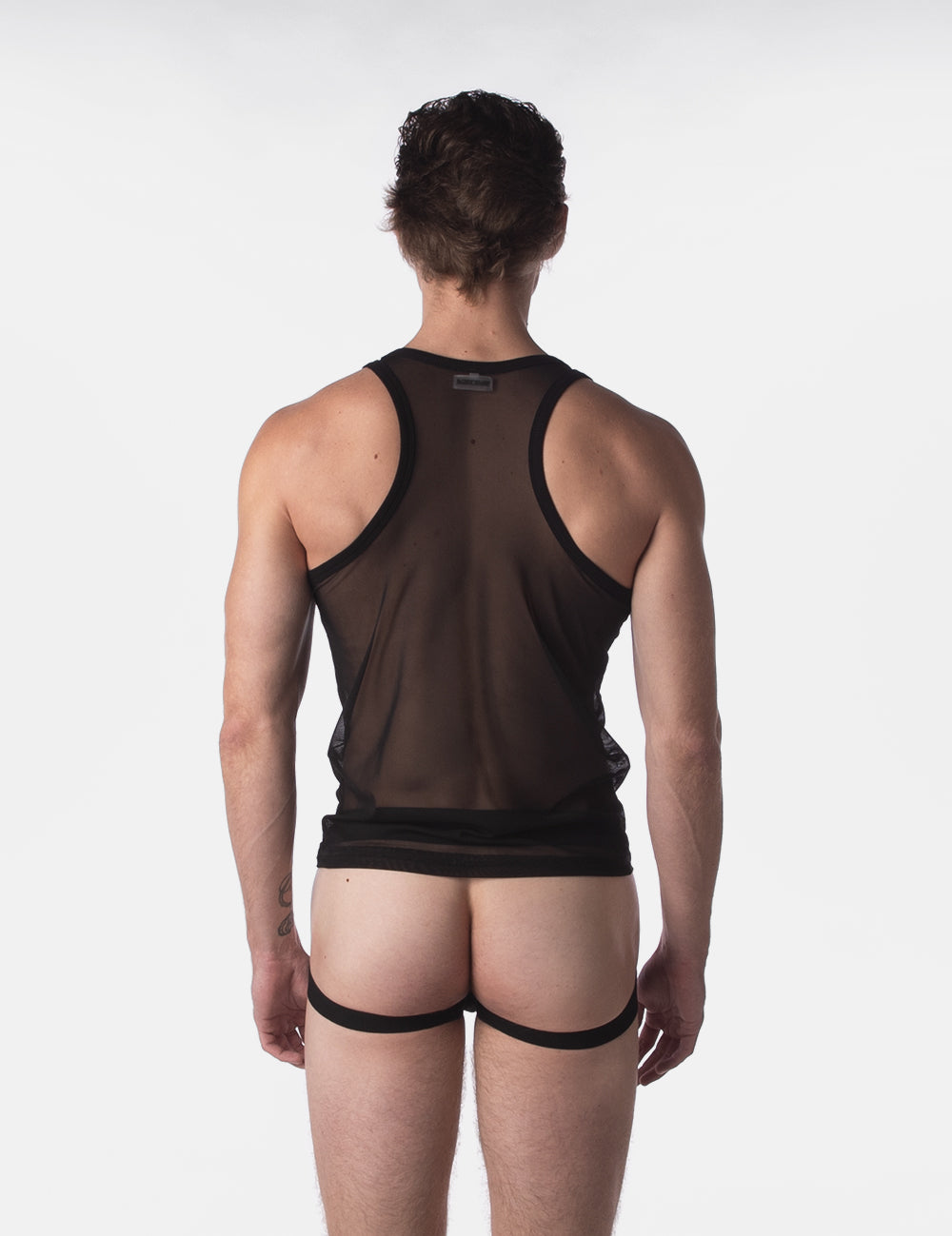 Barcode Berlin Mesh Drama Tank Top. Made in Portugal. Party wear. gay man underwear party. Fetish wear. Black Gym workout gear