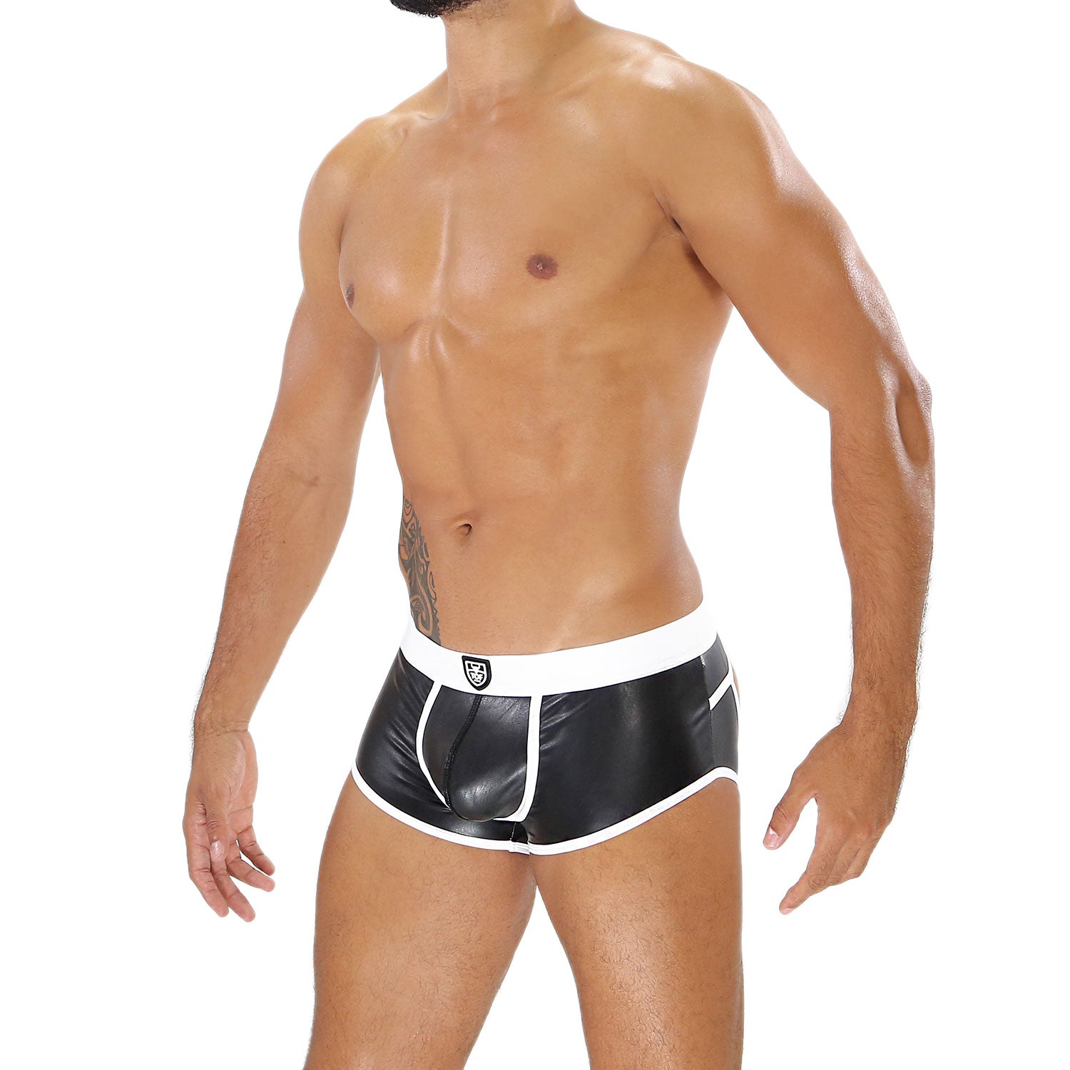 TOF Paris, made in France, Fetish wear, Party wear, bottomless, jockstrap, no bum boxer black and white