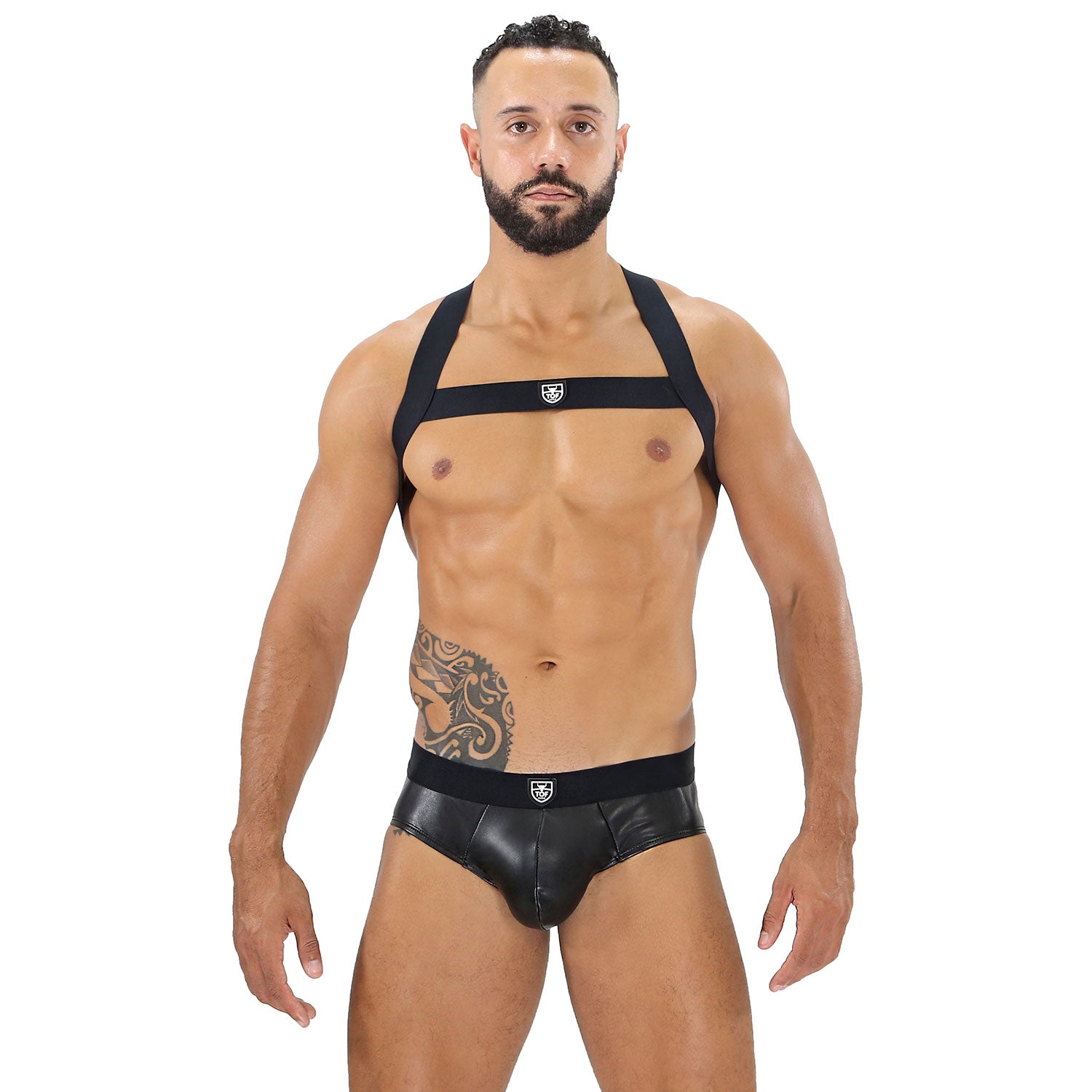 TOF Paris, made in France, Fetish wear, Party wear, cross chest harness. Sexy look for underwear party's black