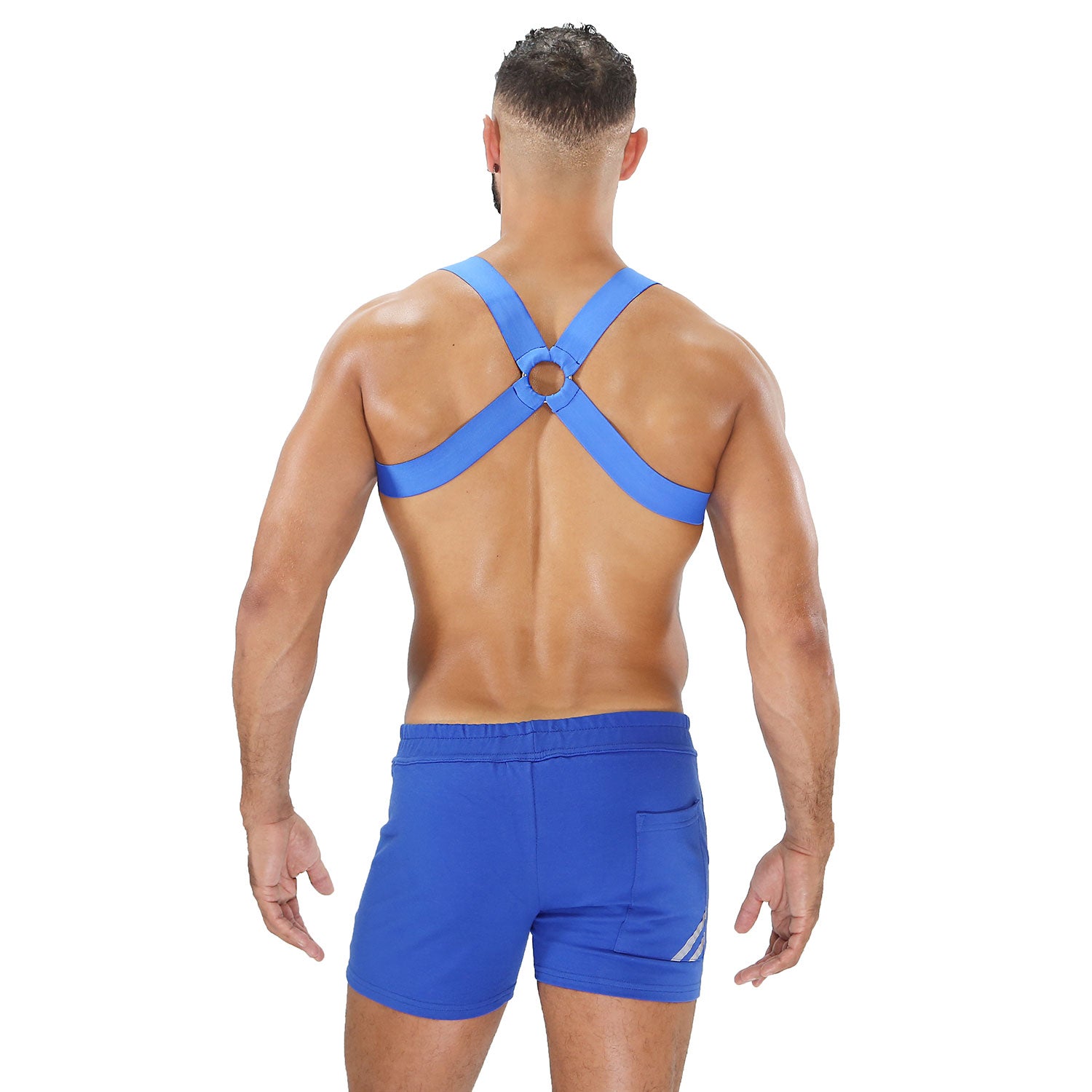 TOF Paris, made in France, Fetish wear, Party wear, cross chest harness. Sexy look for underwear party's blue