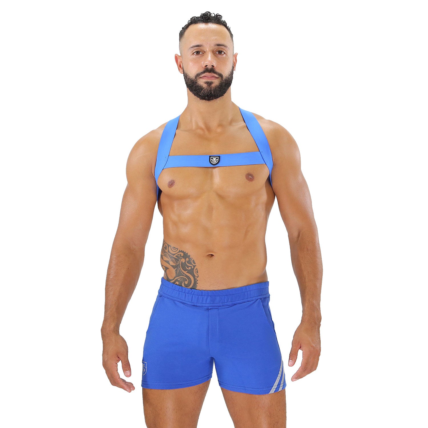 TOF Paris, made in France, Fetish wear, Party wear, cross chest harness. Sexy look for underwear party's blue