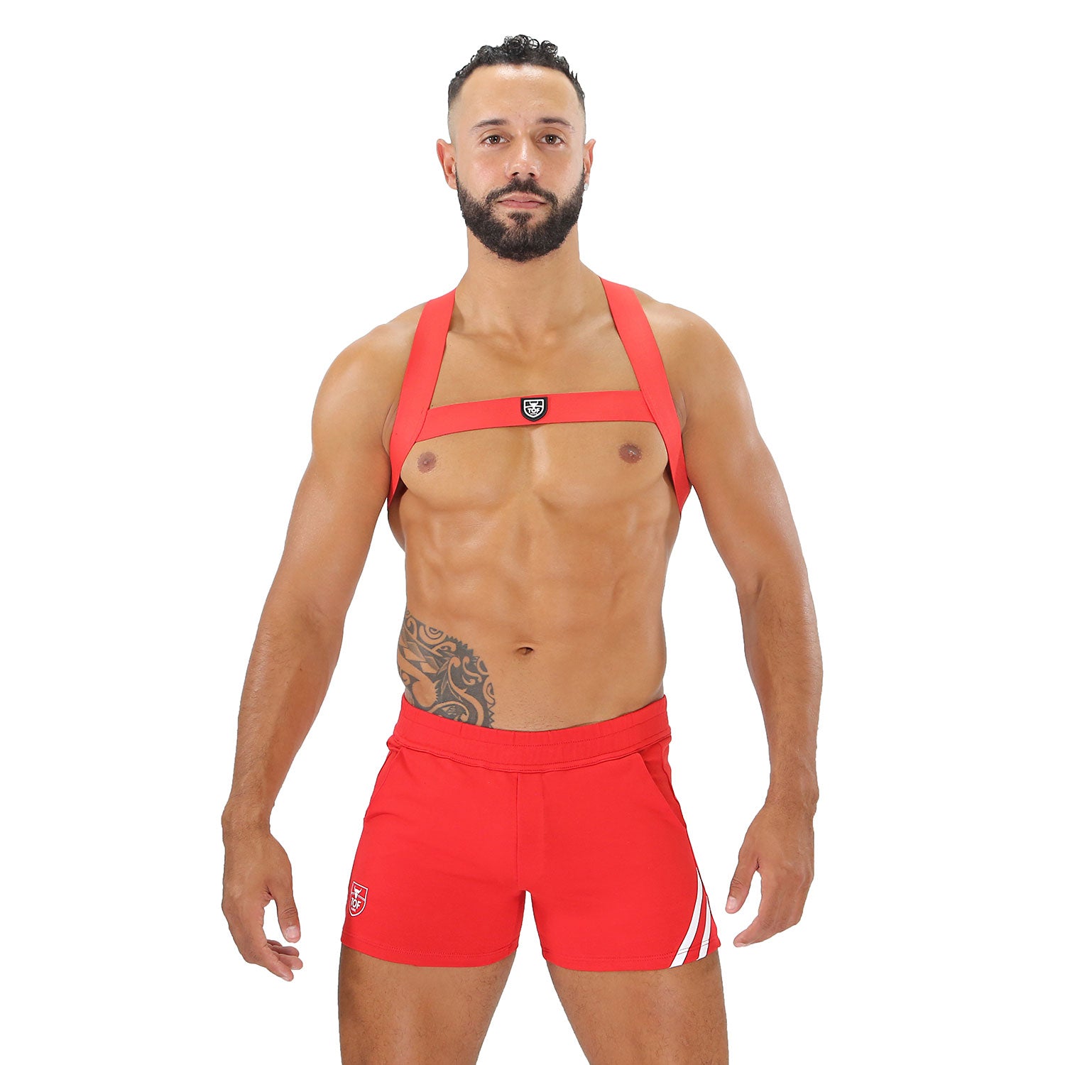 TOF Paris, made in France, Fetish wear, Party wear, cross chest harness. Sexy look for underwear party's RED