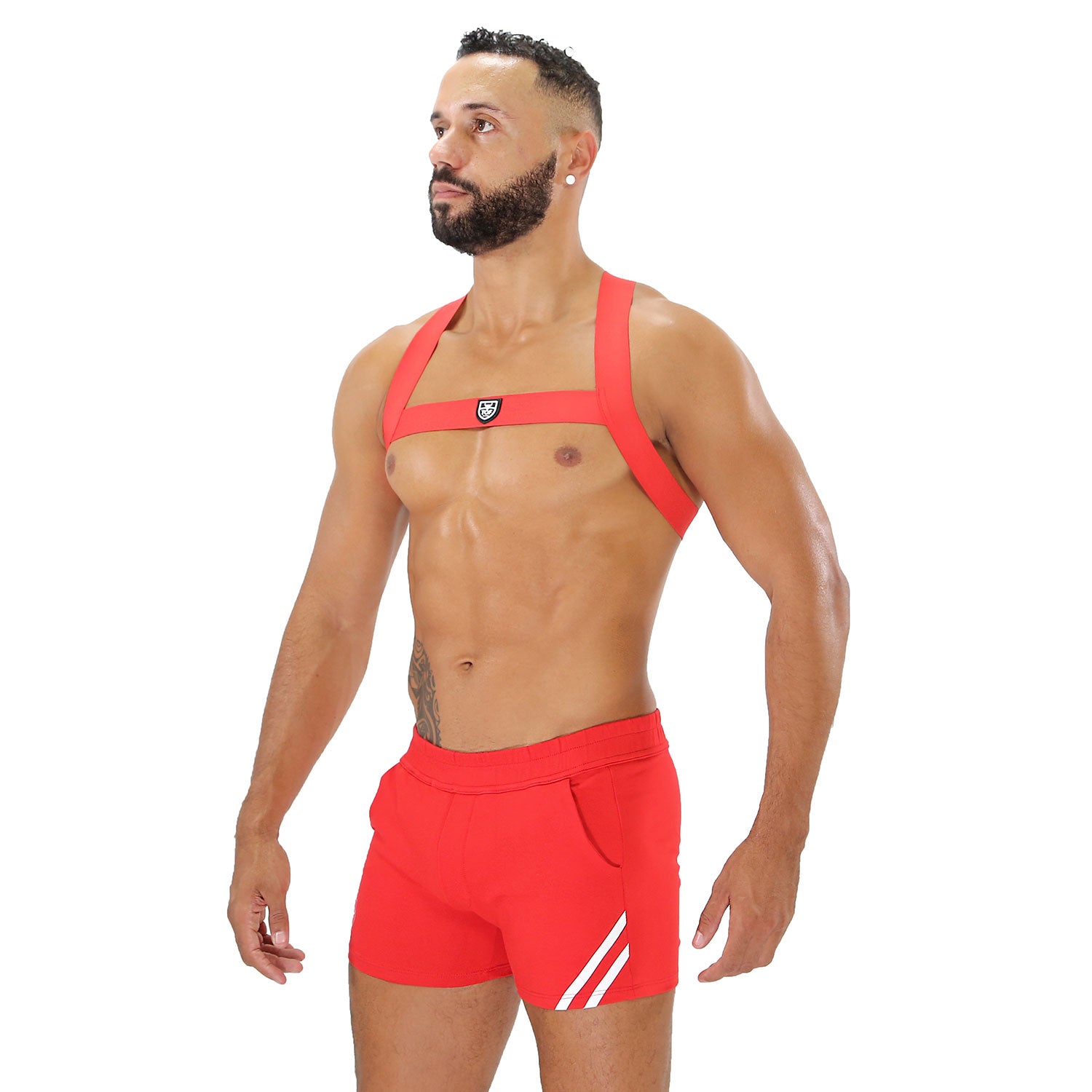 TOF Paris, made in France, Fetish wear, Party wear, cross chest harness. Sexy look for underwear party's RED