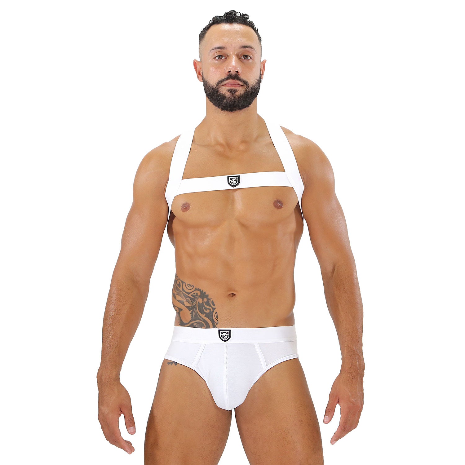 TOF Paris, made in France, Fetish wear, Party wear, cross chest harness. Sexy look for underwear party's WHITE