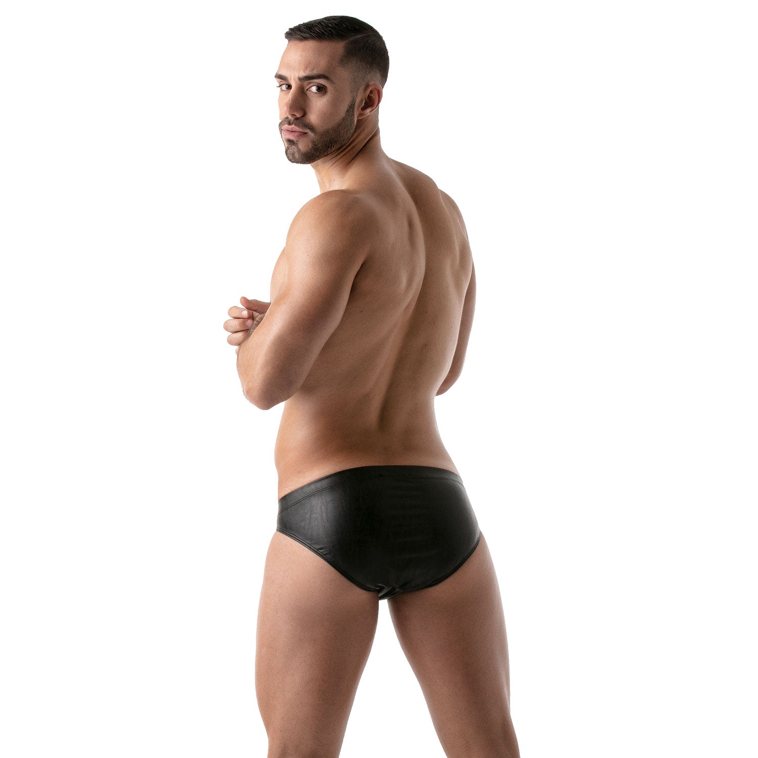 TOF Paris, made in France, Fetish wear, Party wear, LEATHER LOOK ultra low briefs. Sexy look for underwear party's BLACK