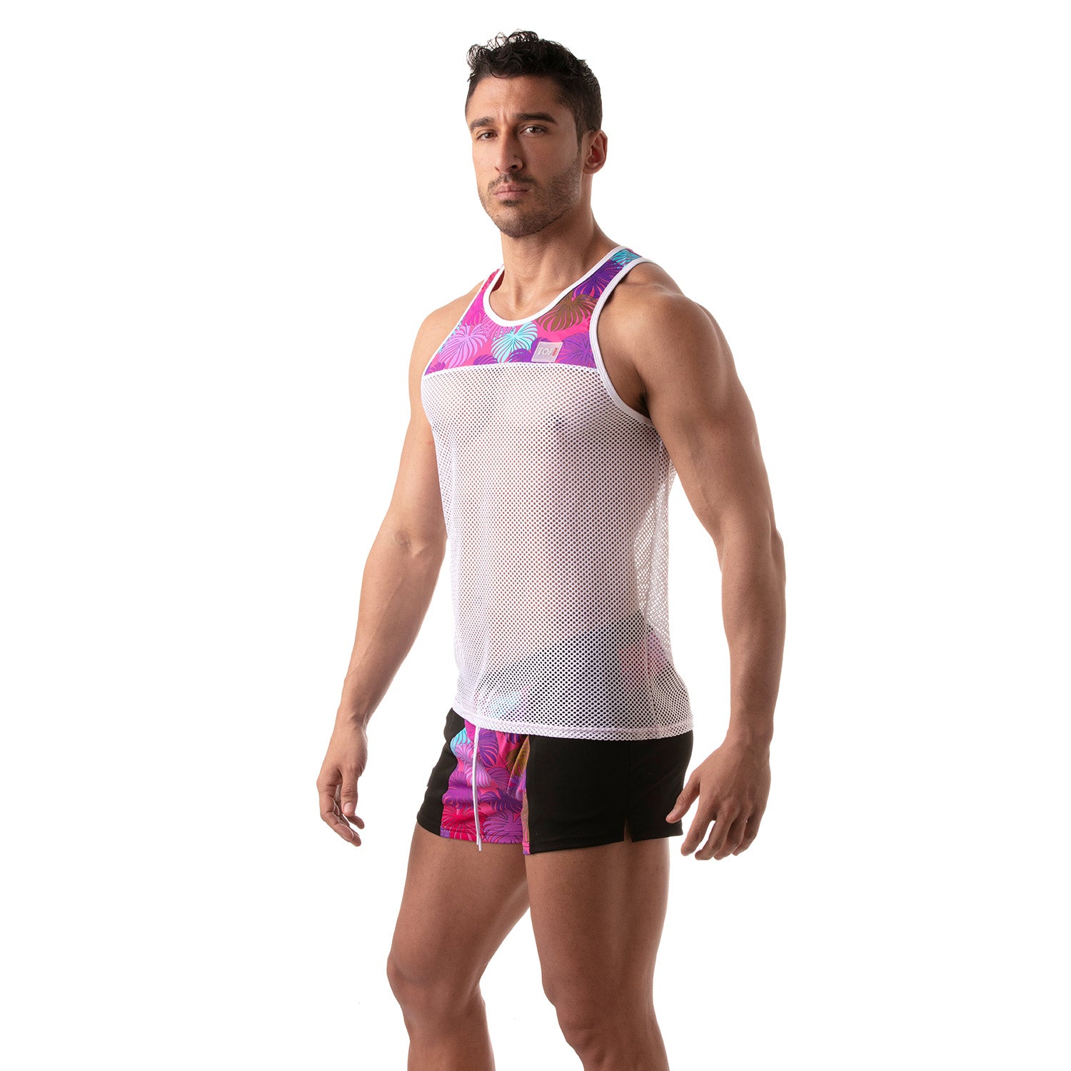 TOF Paris, made in France, Fetish wear, Party wear, mesh with pink palm leaves white Sexy work out menswear