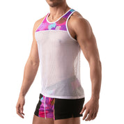 TOF Paris, made in France, Fetish wear, Party wear, mesh with pink palm leaves white Sexy work out menswear