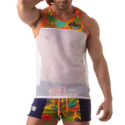 TOF Paris, made in France, Fetish wear, Party wear, mesh with orange palm leaves white Sexy work out menswear