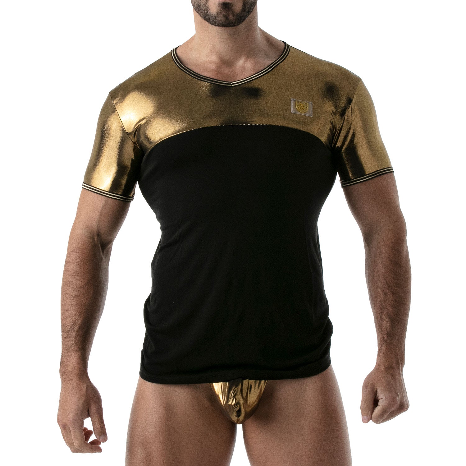 TOF Paris Metal T-Shirt. Made in France. Party wear. clothes to stand out. underwear party clothes. gold tshirt