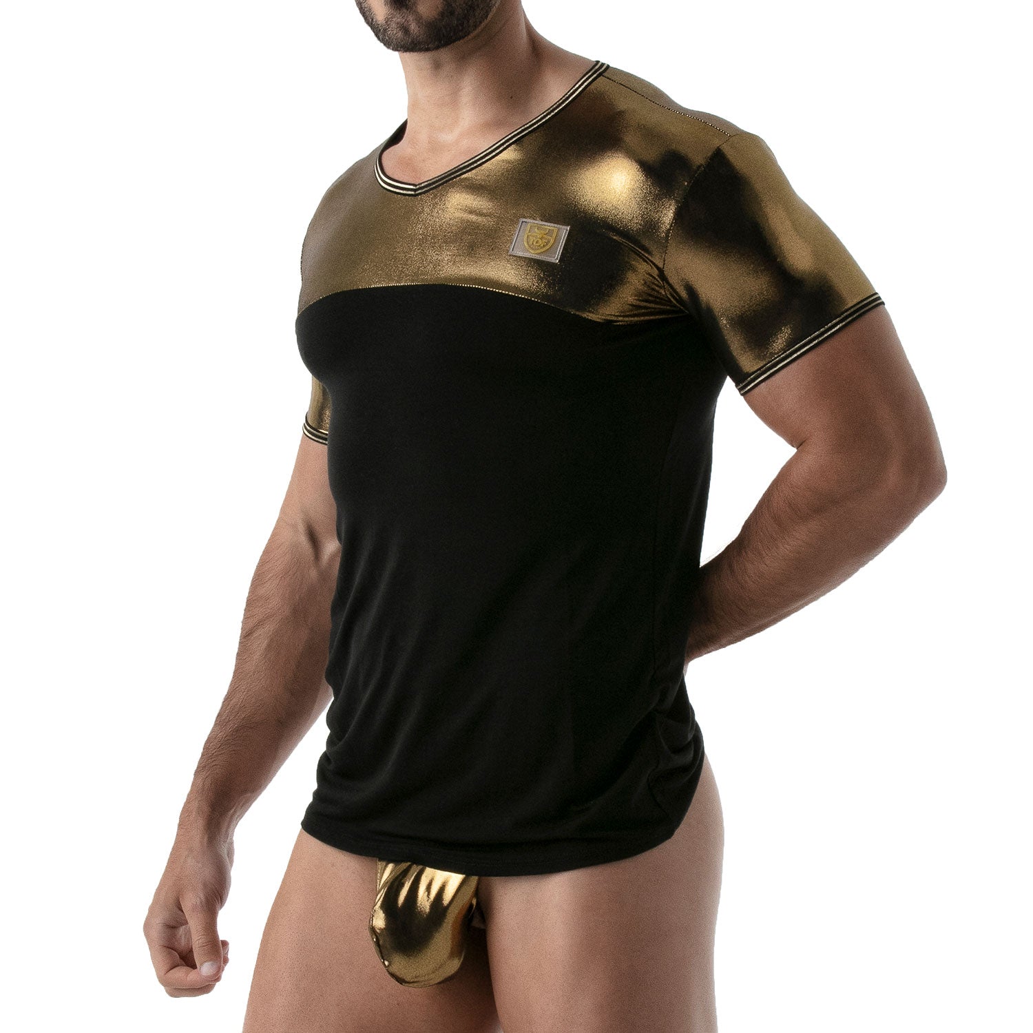 TOF Paris Metal T-Shirt. Made in France. Party wear. clothes to stand out. underwear party clothes. gold tshirt