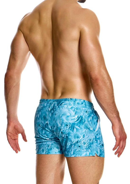 Modus Vivendi Origami Swim Shorts Made in Greece. Party wear.  Fetish gear. blue floral swim shorts