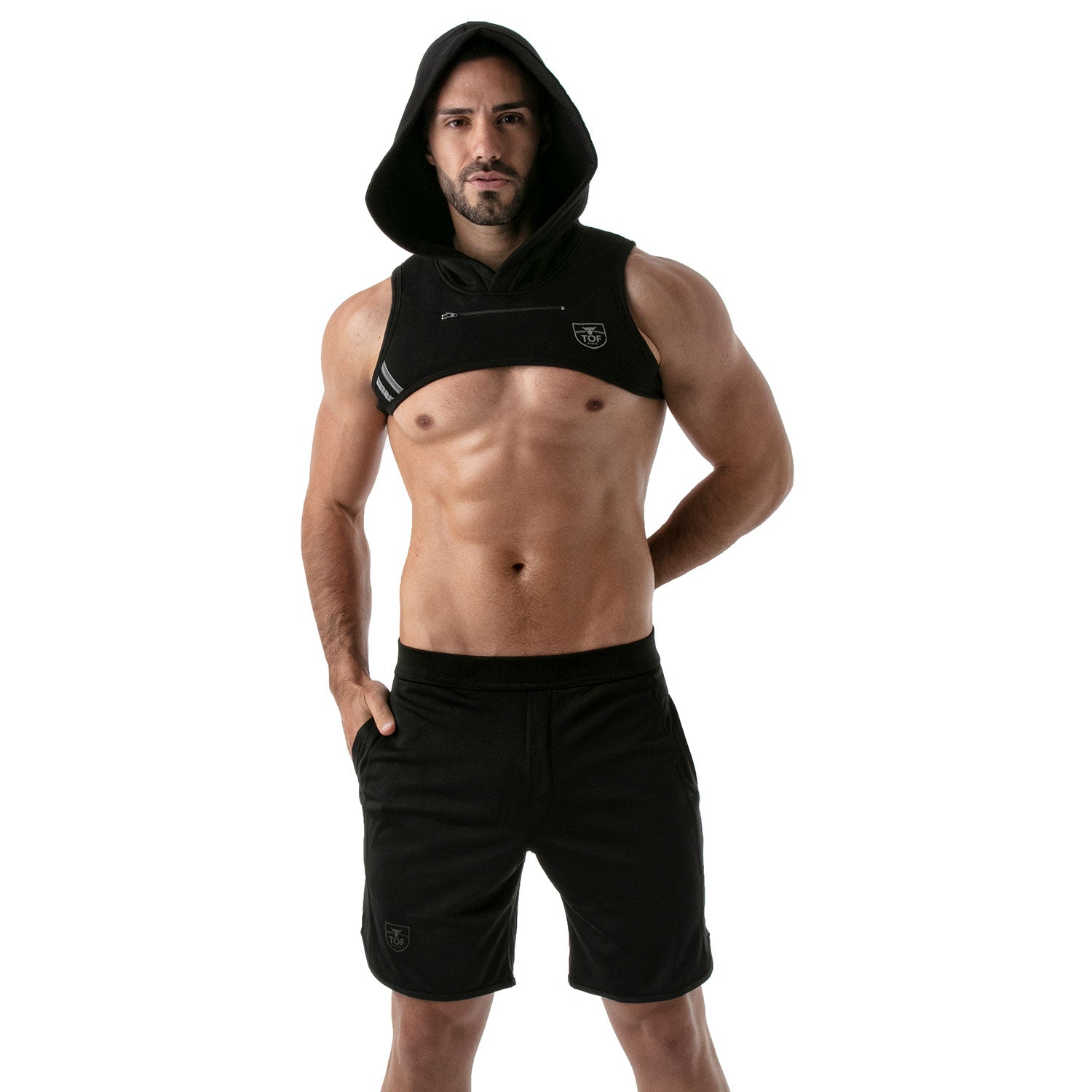 TOF Paris Paris Hoodie Harness Black. Made in France. cropped top hooded. Mens gym wear. party wear. fetish wear. Black