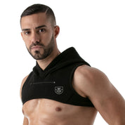 TOF Paris Paris Hoodie Harness Black. Made in France. cropped top hooded. Mens gym wear. party wear. fetish wear. Black