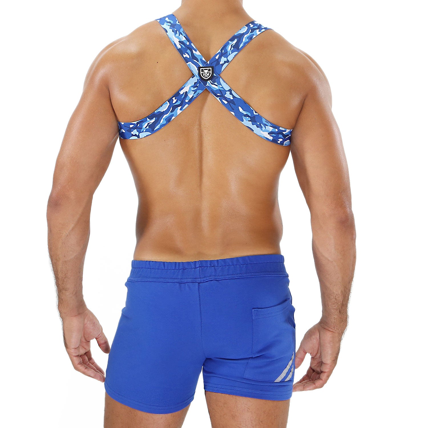 TOF Paris Party Boy Elastic Harness Blue Camo. Made in France. party wear. fetish wear. model wears paris shorts