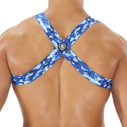 TOF Paris Party Boy Elastic Harness Blue Camo. Made in France. party wear. fetish wear.