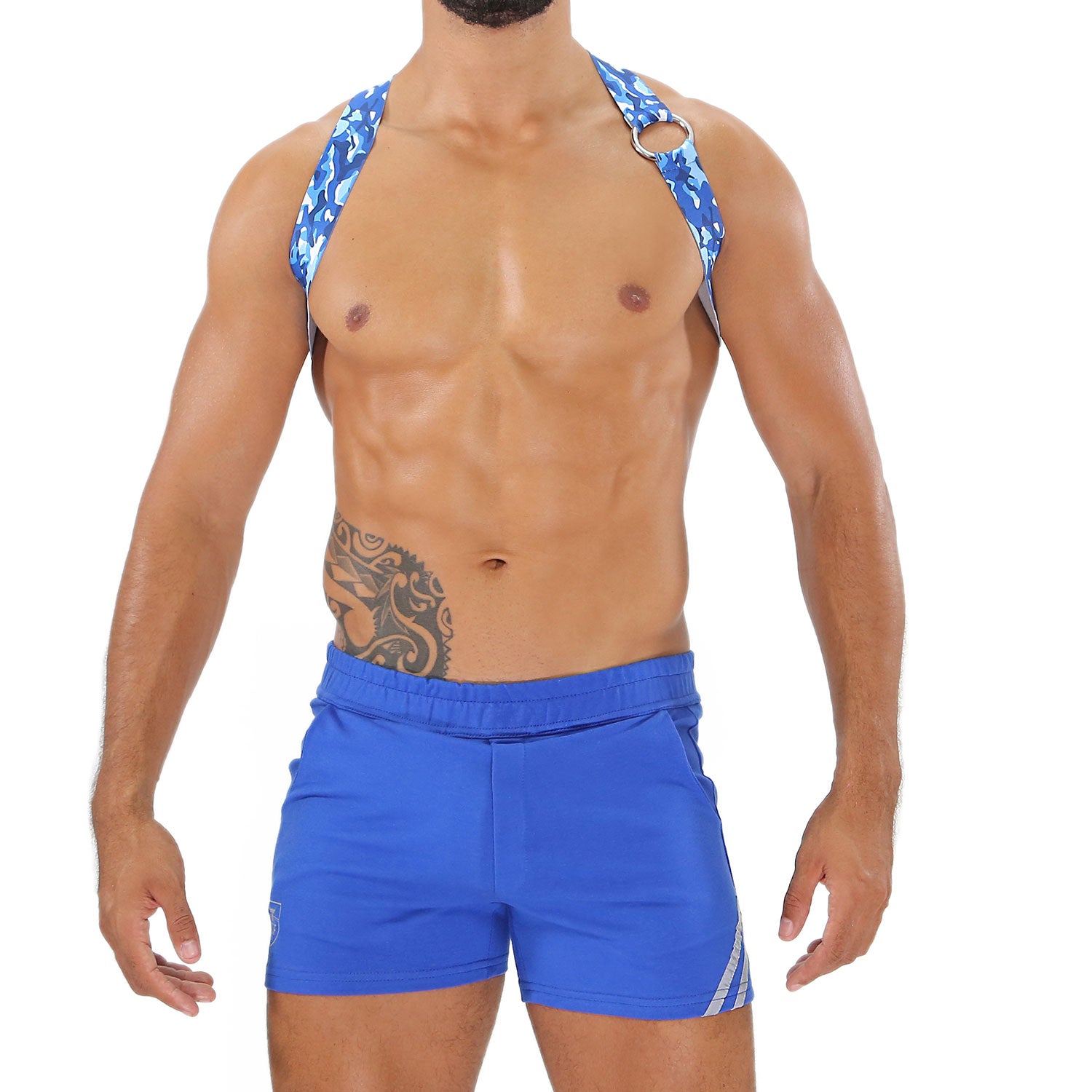 TOF Paris Party Boy Elastic Harness Blue Camo. Made in France. party wear. fetish wear