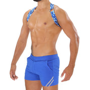 TOF Paris Party Boy Elastic Harness Blue Camo. Made in France. party wear. fetish wear. model wears paris shorts