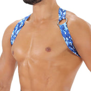 TOF Paris Party Boy Elastic Harness Blue Camo. Made in France. party wear. fetish wear.