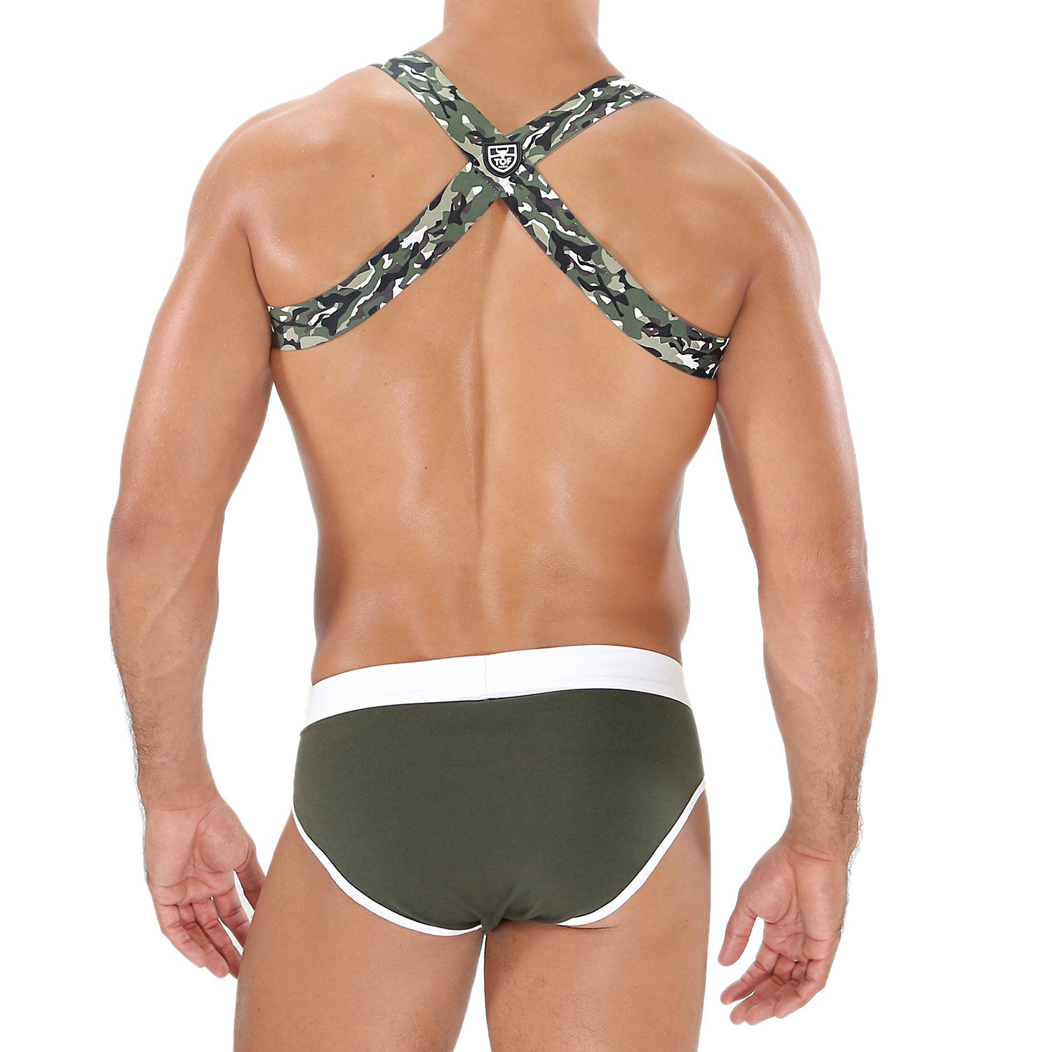 TOF Paris Party Boy Elastic Harness Camo. Made in France. party wear, fetish wear green