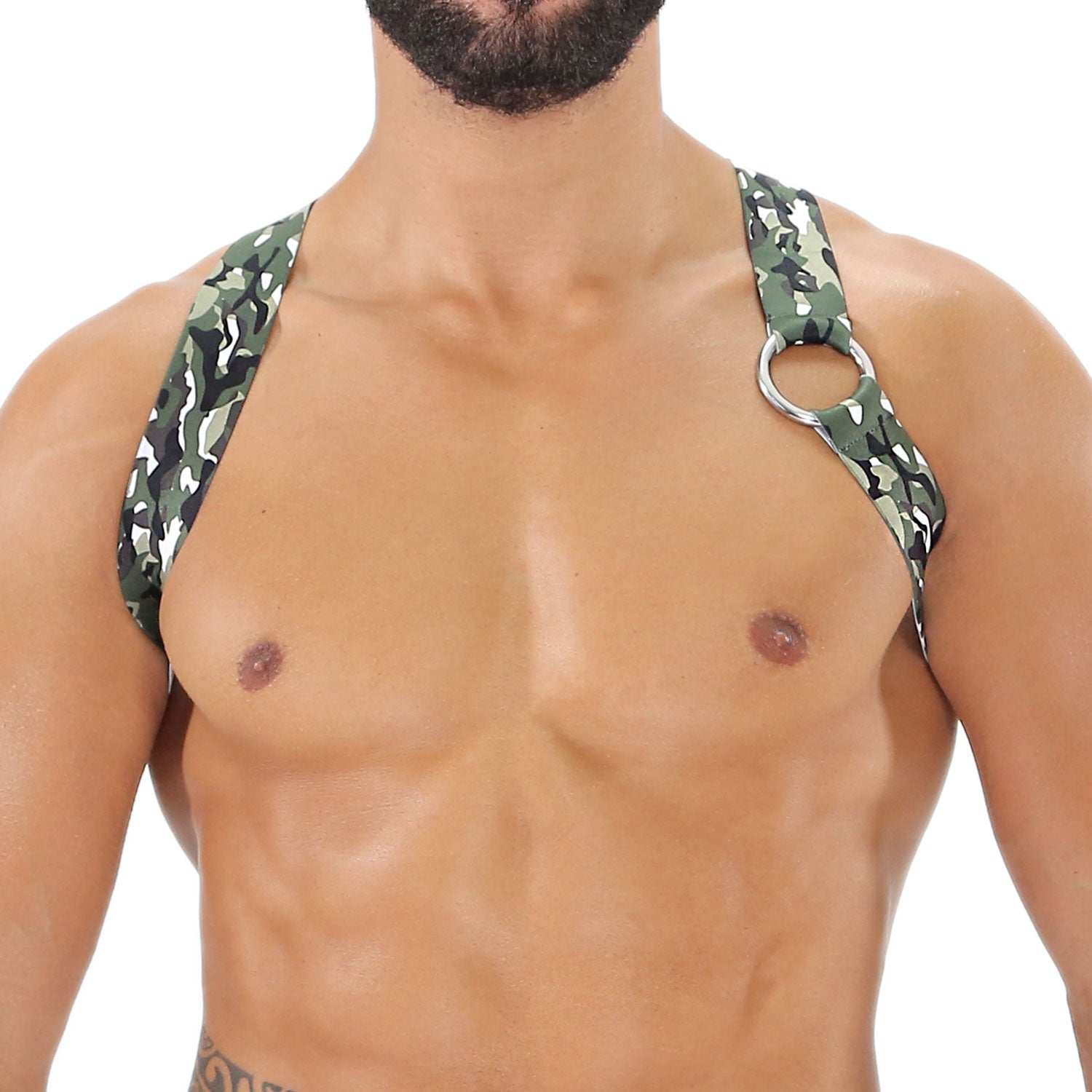 TOF Paris Party Boy Elastic Harness Camo. Made in France. party wear, fetish wear green