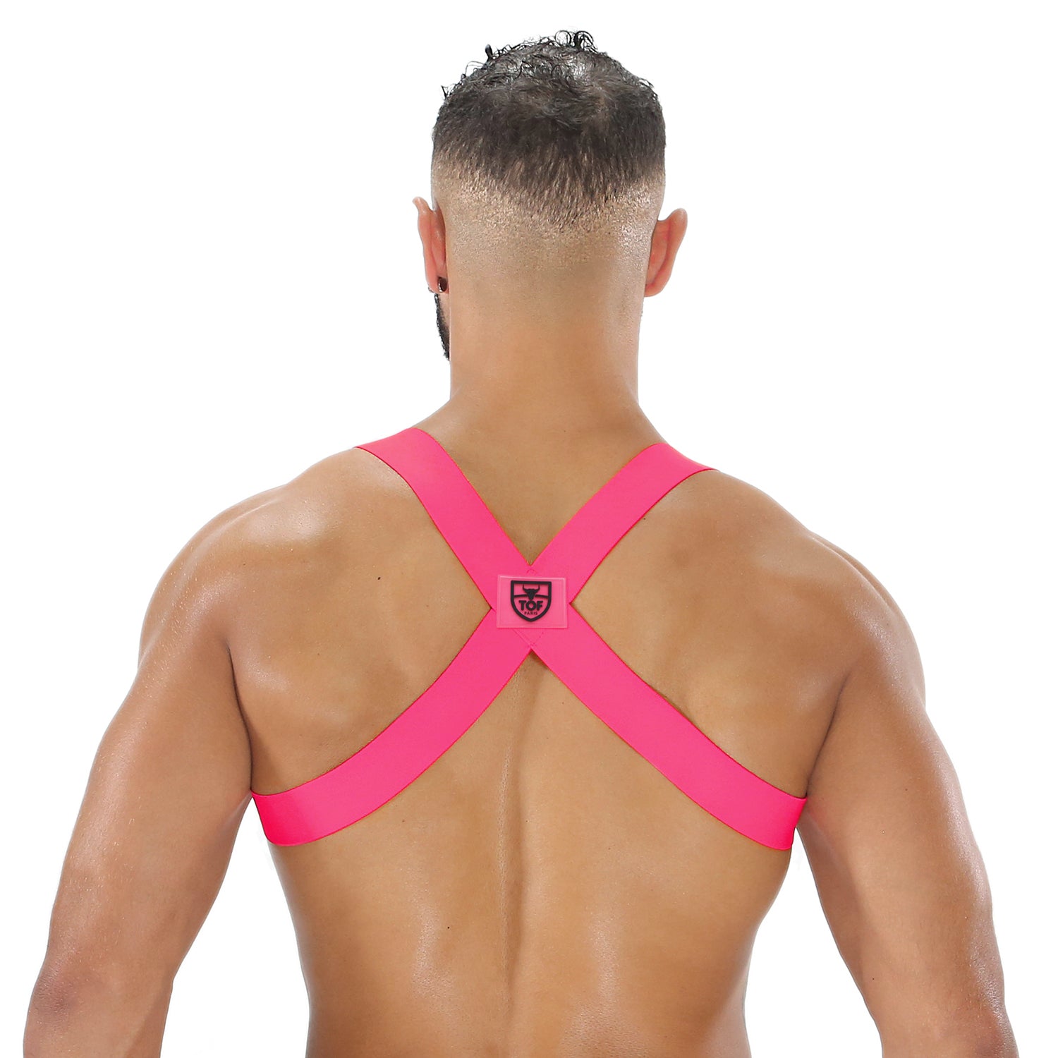 TOF Paris Party Boy Elastic Harness Neon. Made in France. party wear, fetish wear. pink