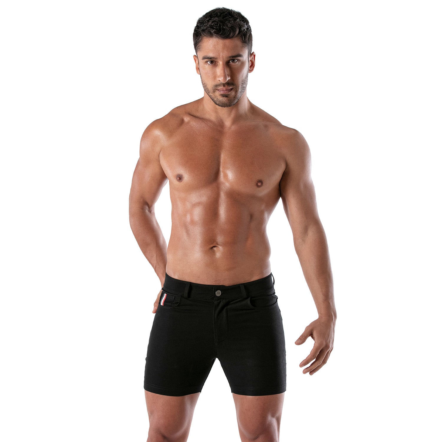 TOF Paris Patriot Mid Thigh Chino Shorts. Made in France. Tight Mens shorts. black