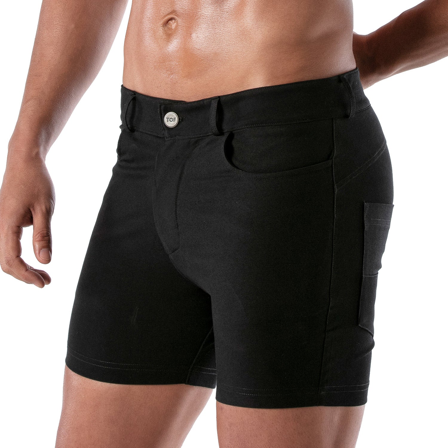 TOF Paris Patriot Mid Thigh Chino Shorts. Made in France. Tight Mens shorts. black