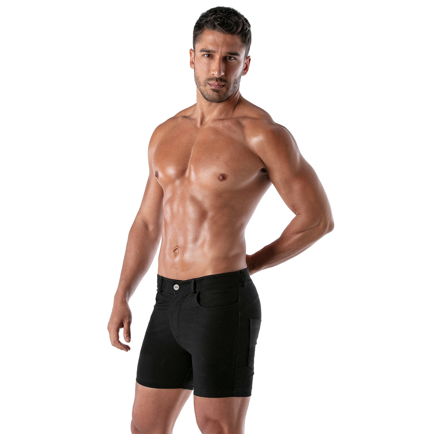 TOF Paris Patriot Mid Thigh Chino Shorts. Made in France. Tight Mens shorts. black