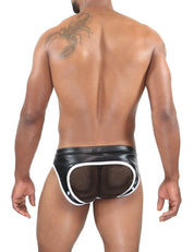 TOF Paris Pilot Bottomless Brief.  Made in France. Mesh bottom. leather look black and white