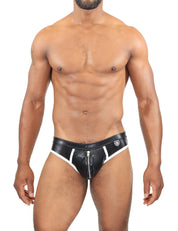 TOF Paris Pilot Bottomless Brief.  Made in France. Mesh bottom. leather look black and white. Fetish wear. party wear. zip pouch front