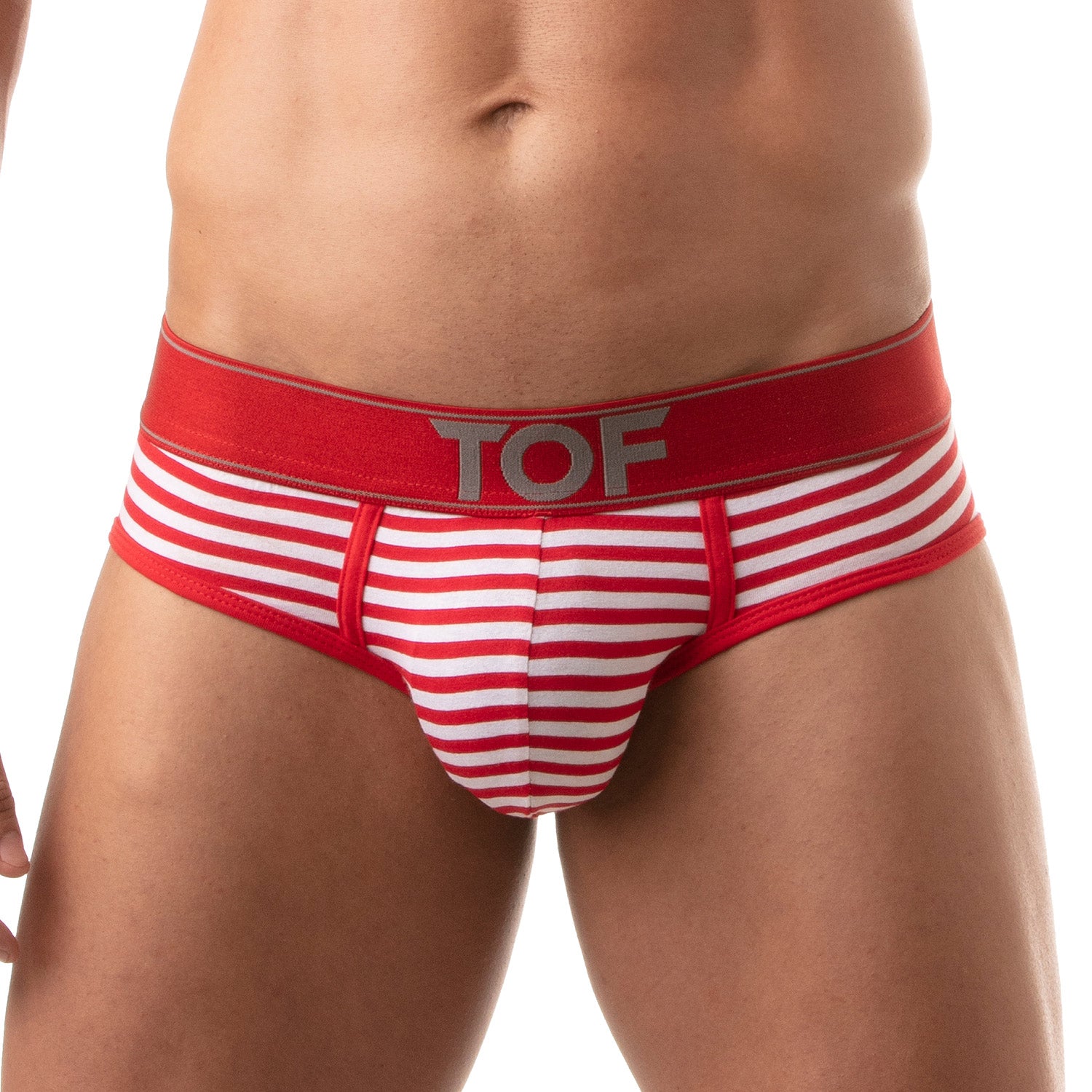 TOF Paris, made in France, breathable briefs. everyday cotton briefs. ultra comfort. sailor briefs, luxury sexy stripes. Red and white party wear 