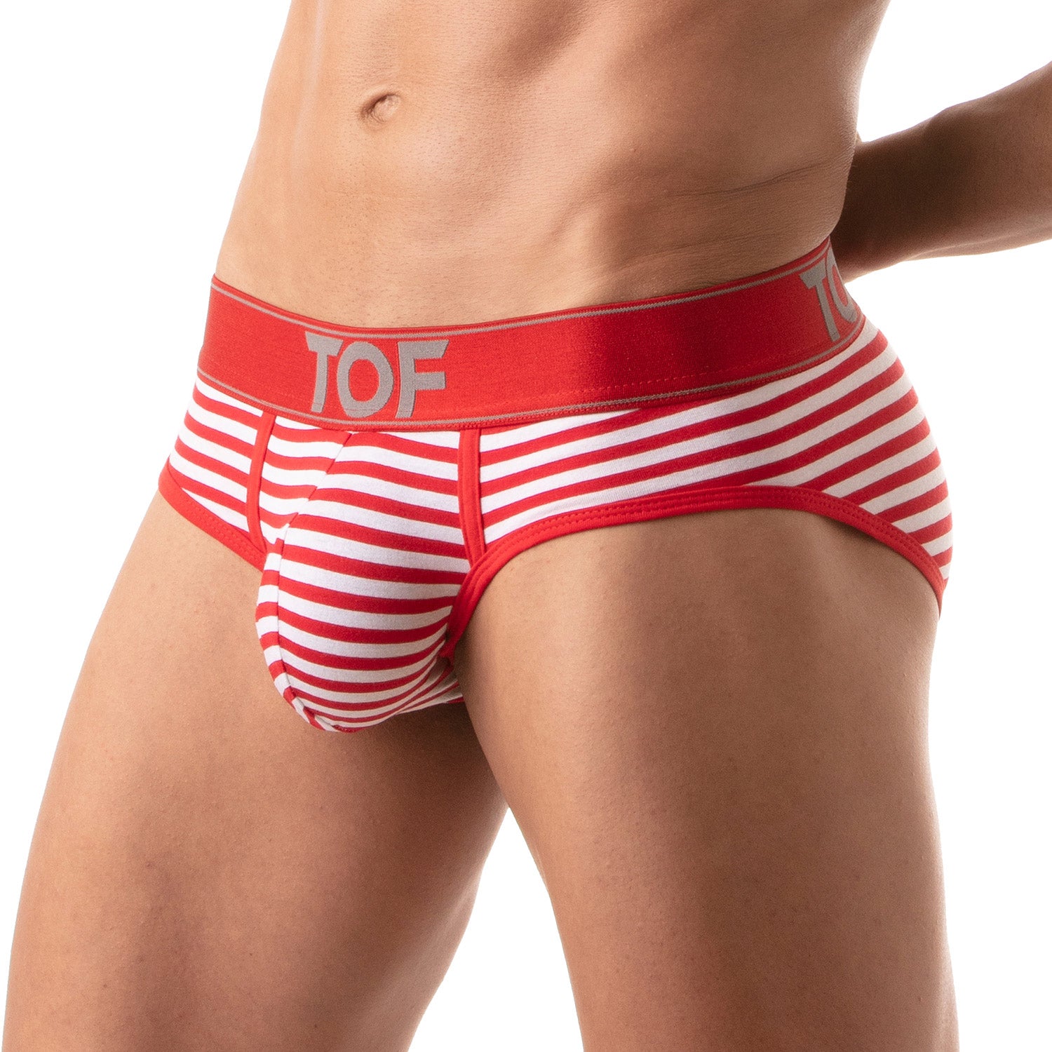 TOF Paris, made in France, breathable briefs. everyday cotton briefs. ultra comfort. sailor briefs, luxury sexy stripes. Red and white party wear 