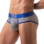 TOF Paris, made in France, breathable briefs. everyday cotton briefs. ultra comfort. sailor briefs, luxury sexy stripes. Blue and white party wear 