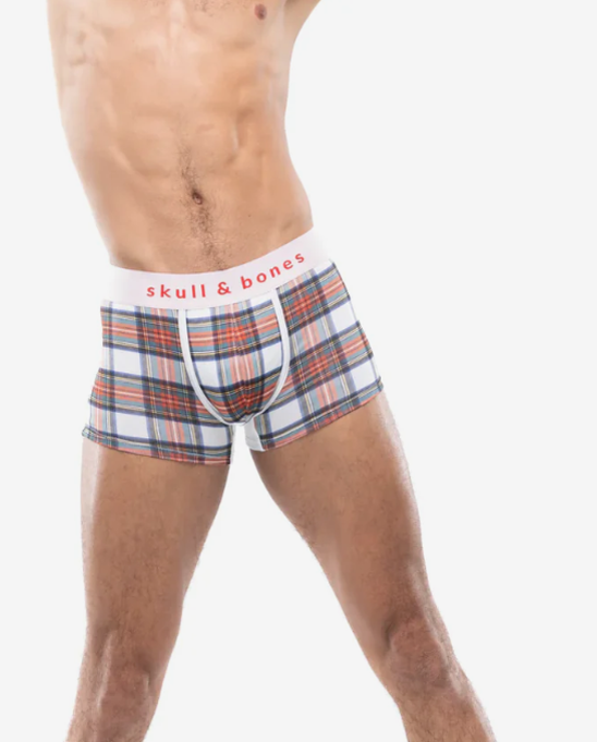 Skull and Bones Tartan Plaid Trunk White. Mens trunk. boxer Briefs