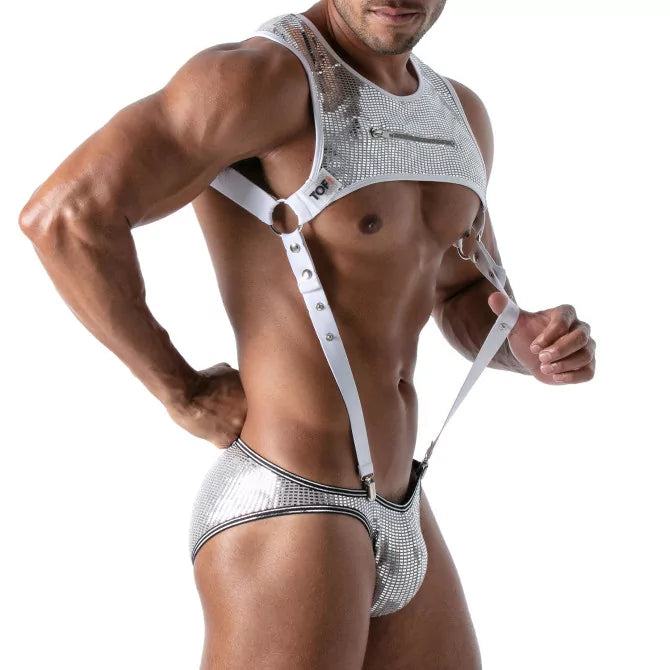 TOF Paris Suspender White. Made in France. Party wear. Fetish wear gay pride. white wear with harness