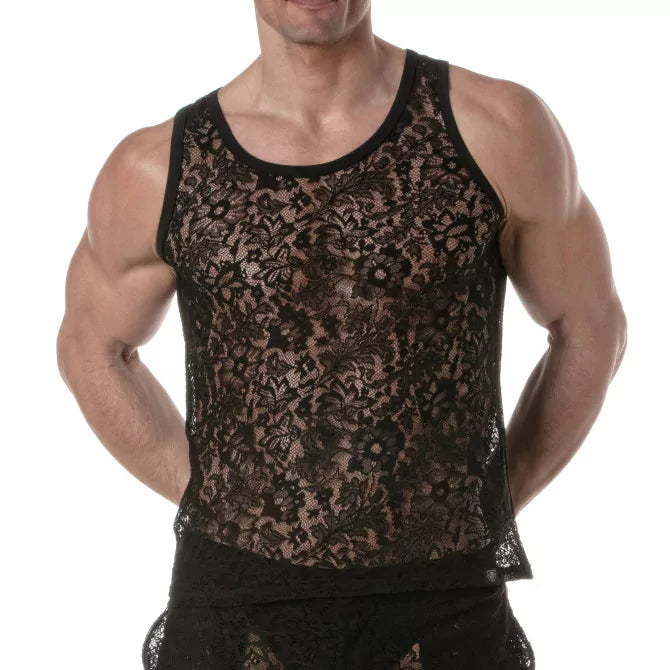 TOF Paris Lace Retro Tank Top, Made in France. Tank top for underwear party. Fetish black lace