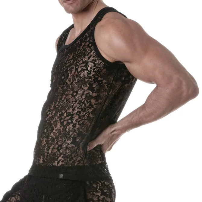 TOF Paris Lace Retro Tank Top, Made in France. Tank top for underwear party. Fetish black lace