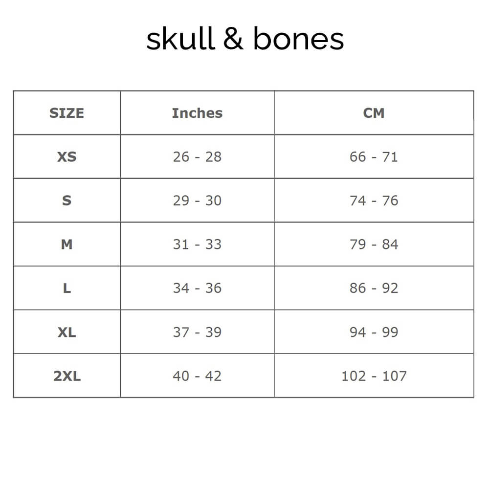 Skull and bones size chart